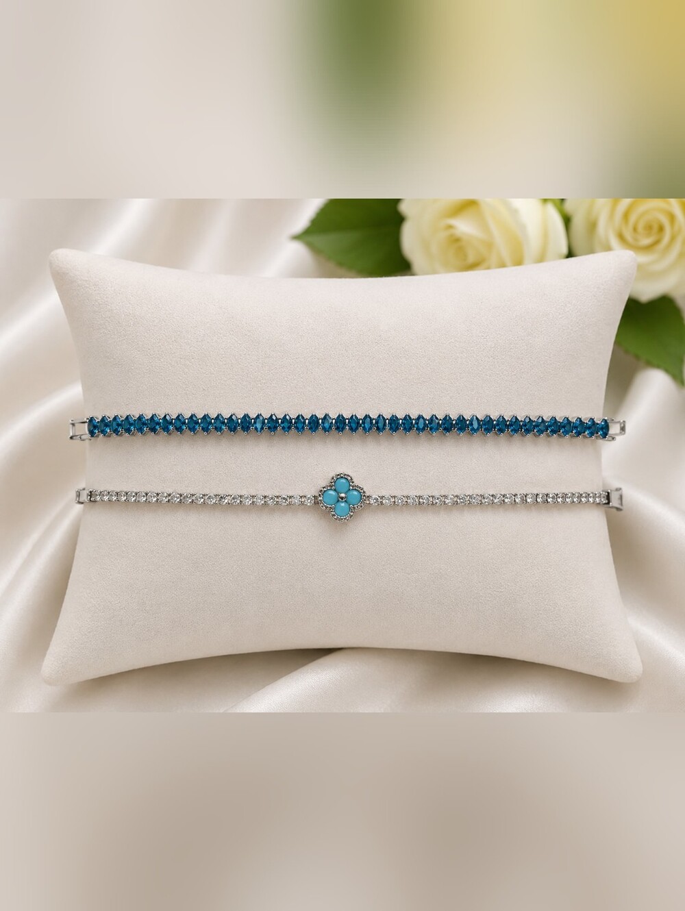 Turquoise Blue Tennis Bracelet & Blue Clover Crystal Bracelet Set | 7" & 8"
